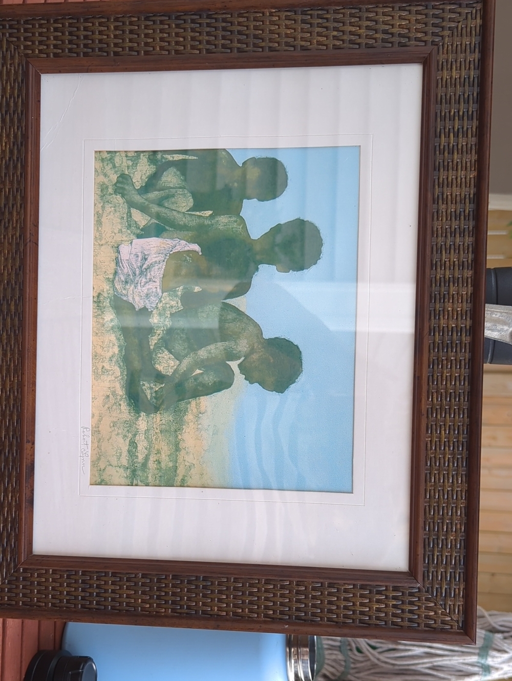 Framed Beach Scene Art Print in Brown Woven Frame
